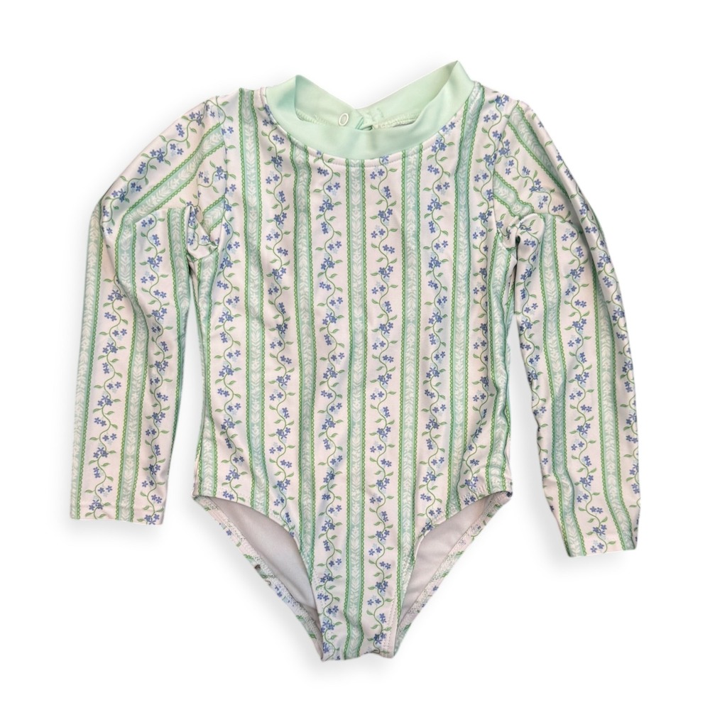 Nicole Miller New York Kids Girls 3T Mint Green Floral Stripe Ruffle Swimsuit